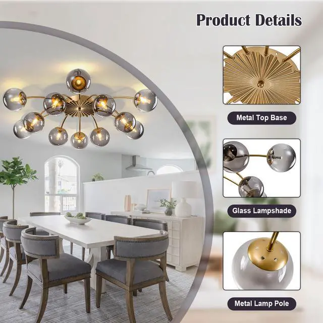 Alt view image 4 of 6 - 12-Light Sputnik Bubble Chandelier Light Fixture,40" Modern Semi-Flush Chandelier Light with Glass Globes, Art Deco Bubble Lighting Fixture for Living Room, Dining Room, Entryway (Grey, 12-Light)
