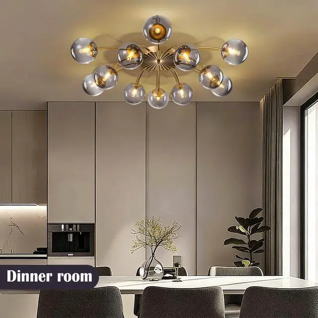 Alt view image 5 of 6 - 12-Light Sputnik Bubble Chandelier Light Fixture,40" Modern Semi-Flush Chandelier Light with Glass Globes, Art Deco Bubble Lighting Fixture for Living Room, Dining Room, Entryway (Grey, 12-Light)
