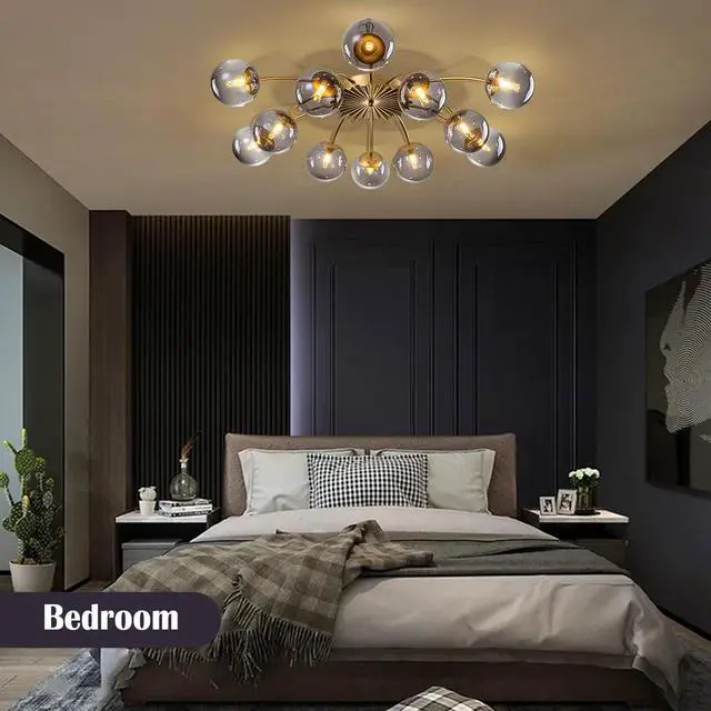 Alt view image 6 of 6 - 12-Light Sputnik Bubble Chandelier Light Fixture,40" Modern Semi-Flush Chandelier Light with Glass Globes, Art Deco Bubble Lighting Fixture for Living Room, Dining Room, Entryway (Grey, 12-Light)