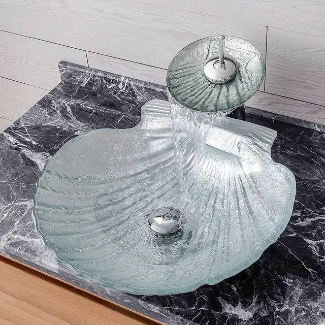 Main image of Crystal Glass Vessel Sink,Transparent Shell Shaped Bathroom Vanity Wash Sink Above Counter with Faucet