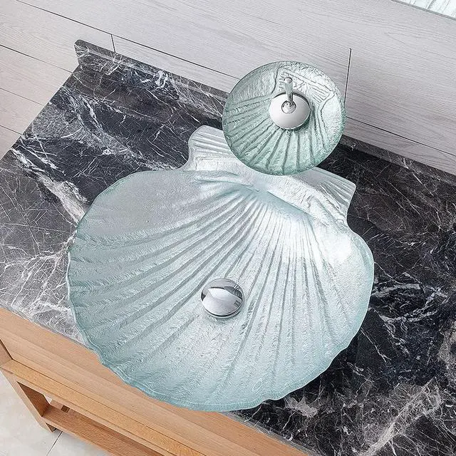 Alt view image 2 of 6 - Crystal Glass Vessel Sink,Transparent Shell Shaped Bathroom Vanity Wash Sink Above Counter with Faucet