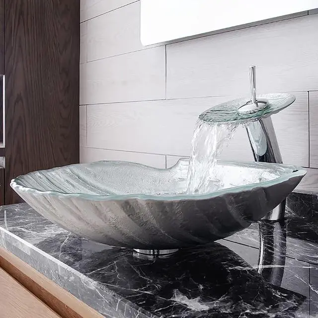Alt view image 3 of 6 - Crystal Glass Vessel Sink,Transparent Shell Shaped Bathroom Vanity Wash Sink Above Counter with Faucet