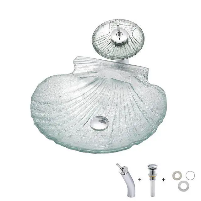 Alt view image 6 of 6 - Crystal Glass Vessel Sink,Transparent Shell Shaped Bathroom Vanity Wash Sink Above Counter with Faucet