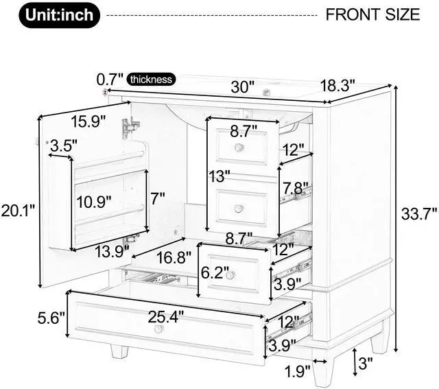 Alt view image 2 of 6 - 30 Inch White Bathroom Vanity with Sink,Modern Bathroom Vanity Cabinet with Integrated Countertop,3 Drawers Right Hand,Soft Closing Door with Organizer,Sliver Handles,Solid Wood Frame