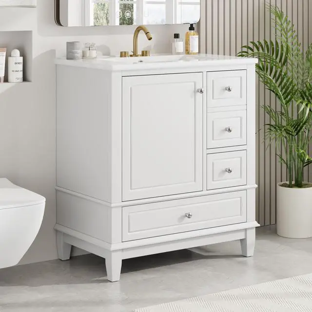 Alt view image 3 of 6 - 30 Inch White Bathroom Vanity with Sink,Modern Bathroom Vanity Cabinet with Integrated Countertop,3 Drawers Right Hand,Soft Closing Door with Organizer,Sliver Handles,Solid Wood Frame