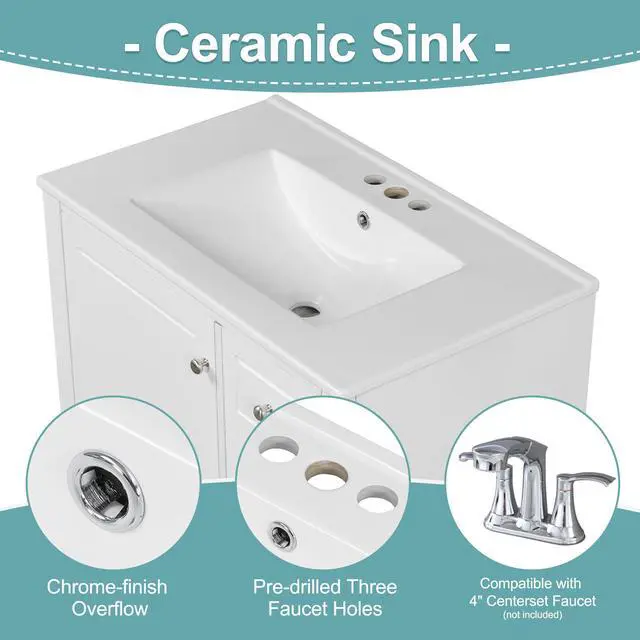 Alt view image 4 of 6 - 30 Inch White Bathroom Vanity with Sink,Modern Bathroom Vanity Cabinet with Integrated Countertop,3 Drawers Right Hand,Soft Closing Door with Organizer,Sliver Handles,Solid Wood Frame