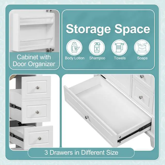 Alt view image 5 of 6 - 30 Inch White Bathroom Vanity with Sink,Modern Bathroom Vanity Cabinet with Integrated Countertop,3 Drawers Right Hand,Soft Closing Door with Organizer,Sliver Handles,Solid Wood Frame