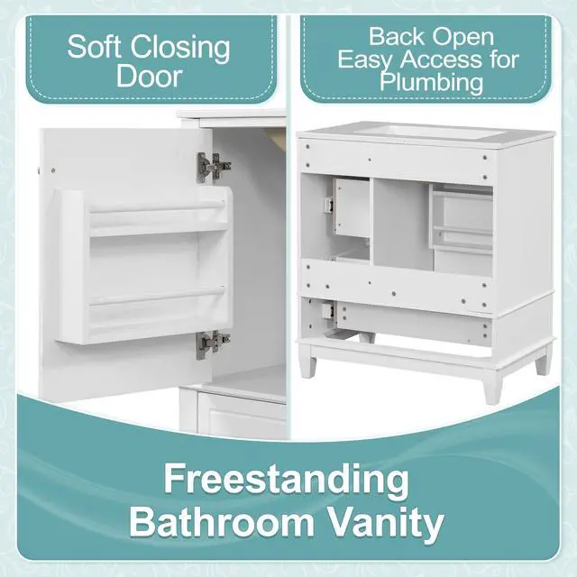 Alt view image 6 of 6 - 30 Inch White Bathroom Vanity with Sink,Modern Bathroom Vanity Cabinet with Integrated Countertop,3 Drawers Right Hand,Soft Closing Door with Organizer,Sliver Handles,Solid Wood Frame