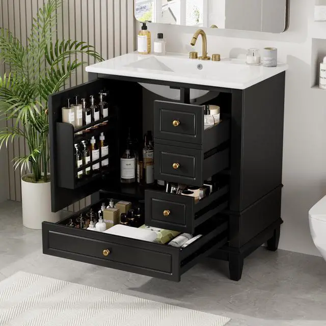 Main image of 30 Inch Black Bathroom Vanity with Sink,Modern Bathroom Vanity with 3 Drawers & Gold Knobs,with Integrated Ceramic Countertop,Soft Closing Door with Storage Organizer,Solid Wood Frame