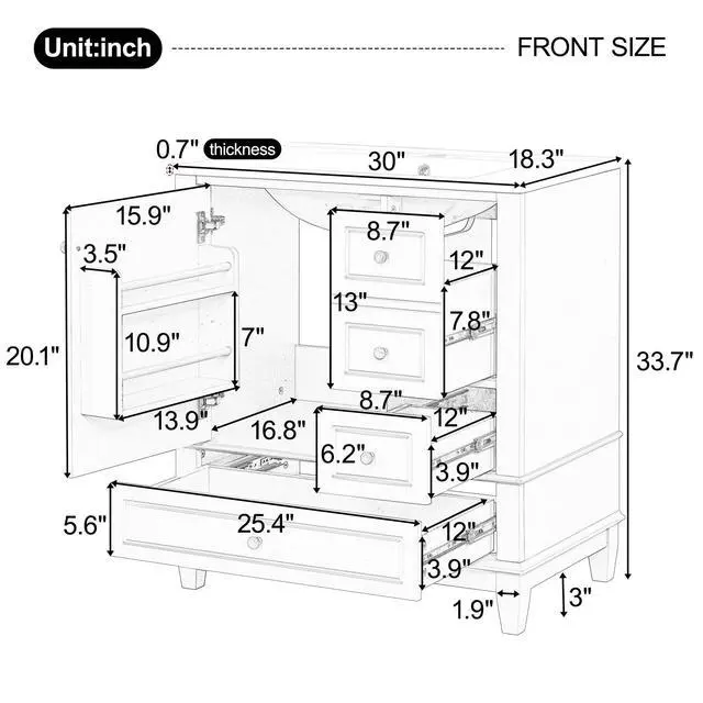 Alt view image 2 of 6 - 30 Inch Black Bathroom Vanity with Sink,Modern Bathroom Vanity with 3 Drawers & Gold Knobs,with Integrated Ceramic Countertop,Soft Closing Door with Storage Organizer,Solid Wood Frame