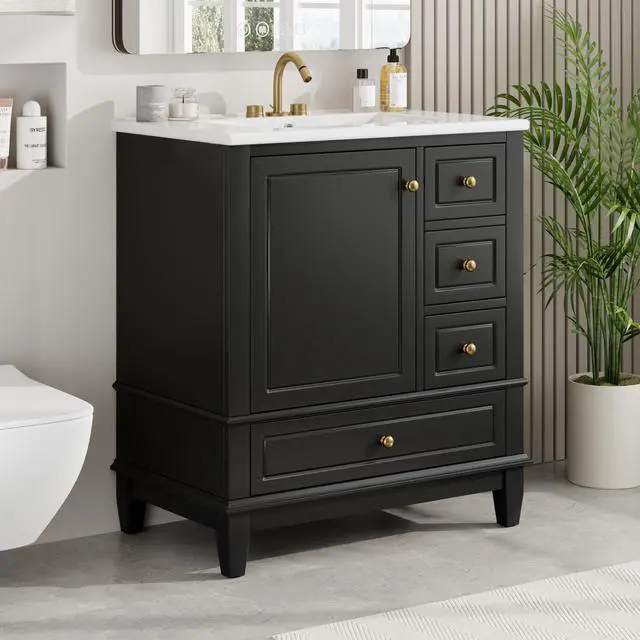 Alt view image 3 of 6 - 30 Inch Black Bathroom Vanity with Sink,Modern Bathroom Vanity with 3 Drawers & Gold Knobs,with Integrated Ceramic Countertop,Soft Closing Door with Storage Organizer,Solid Wood Frame