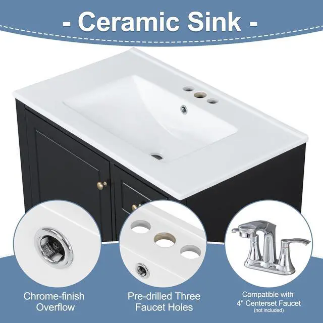Alt view image 4 of 6 - 30 Inch Black Bathroom Vanity with Sink,Modern Bathroom Vanity with 3 Drawers & Gold Knobs,with Integrated Ceramic Countertop,Soft Closing Door with Storage Organizer,Solid Wood Frame