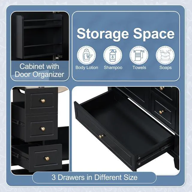 Alt view image 5 of 6 - 30 Inch Black Bathroom Vanity with Sink,Modern Bathroom Vanity with 3 Drawers & Gold Knobs,with Integrated Ceramic Countertop,Soft Closing Door with Storage Organizer,Solid Wood Frame