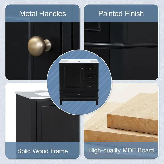 Alt view image 6 of 6 - 30 Inch Black Bathroom Vanity with Sink,Modern Bathroom Vanity with 3 Drawers & Gold Knobs,with Integrated Ceramic Countertop,Soft Closing Door with Storage Organizer,Solid Wood Frame