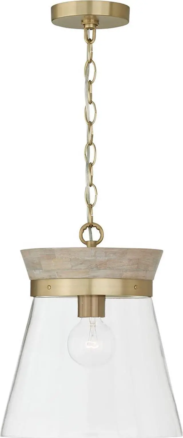 Main image of 347311WS Finn Modern Bohemian Handcrafted Mango Wood Clear Glass Cone Pendant Ceiling Light Fixture, 1-Light 100 Watt, 14" H x 12" W, White Wash and Matte Brass