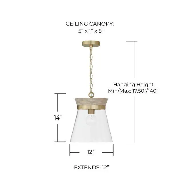Alt view image 2 of 6 - 347311WS Finn Modern Bohemian Handcrafted Mango Wood Clear Glass Cone Pendant Ceiling Light Fixture, 1-Light 100 Watt, 14" H x 12" W, White Wash and Matte Brass