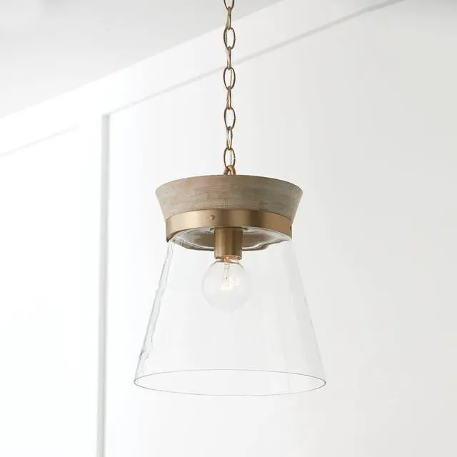 Alt view image 3 of 6 - 347311WS Finn Modern Bohemian Handcrafted Mango Wood Clear Glass Cone Pendant Ceiling Light Fixture, 1-Light 100 Watt, 14" H x 12" W, White Wash and Matte Brass