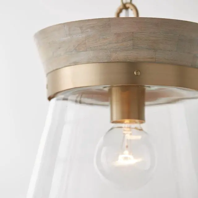 Alt view image 4 of 6 - 347311WS Finn Modern Bohemian Handcrafted Mango Wood Clear Glass Cone Pendant Ceiling Light Fixture, 1-Light 100 Watt, 14" H x 12" W, White Wash and Matte Brass