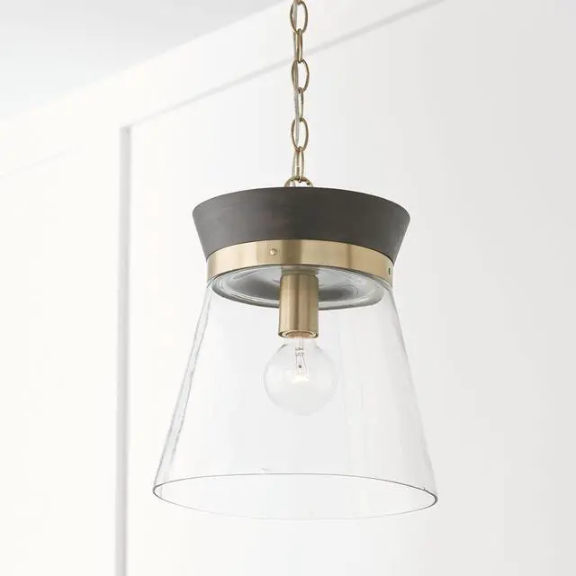 Alt view image 2 of 5 - 347311KR Finn Modern Bohemian Handcrafted Mango Wood Clear Glass Cone Pendant Ceiling Light Fixture, 1-Light 100 Watt, 14" H x 12" W, Black Stain and Matte Brass