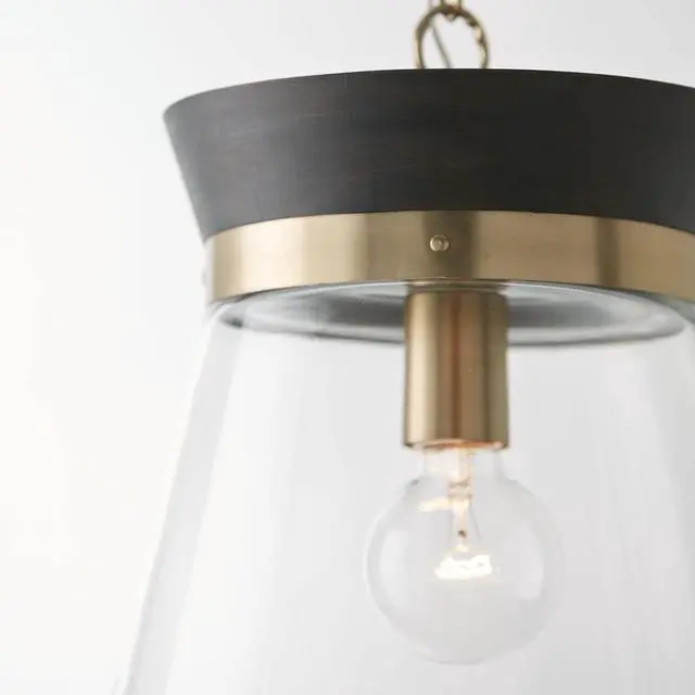 Alt view image 3 of 5 - 347311KR Finn Modern Bohemian Handcrafted Mango Wood Clear Glass Cone Pendant Ceiling Light Fixture, 1-Light 100 Watt, 14" H x 12" W, Black Stain and Matte Brass