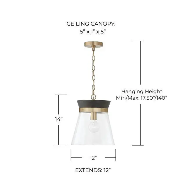 Alt view image 4 of 5 - 347311KR Finn Modern Bohemian Handcrafted Mango Wood Clear Glass Cone Pendant Ceiling Light Fixture, 1-Light 100 Watt, 14" H x 12" W, Black Stain and Matte Brass