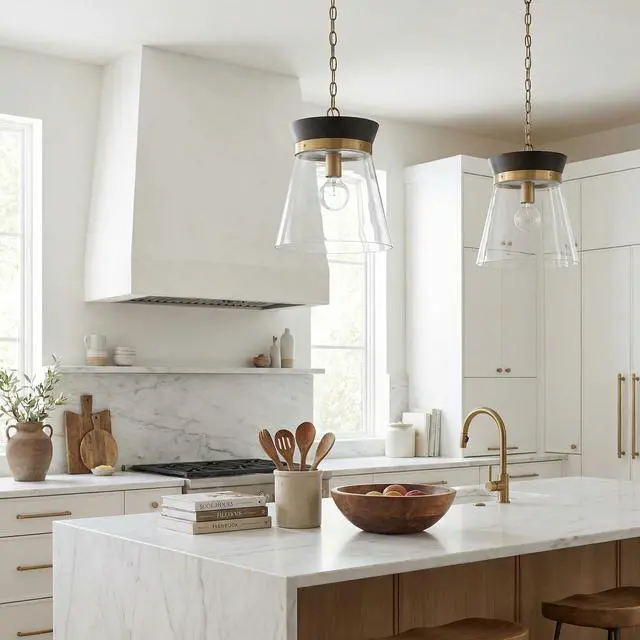 Alt view image 5 of 5 - 347311KR Finn Modern Bohemian Handcrafted Mango Wood Clear Glass Cone Pendant Ceiling Light Fixture, 1-Light 100 Watt, 14" H x 12" W, Black Stain and Matte Brass