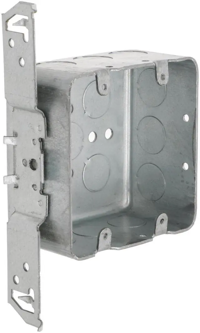 Main image of 681SP 4 in. Drawn Square Box, 2-Device Switch Box, 2-1/8 in. Deep, Fourteen 1/2 in. KO's, TS Bracket, 8-Pack