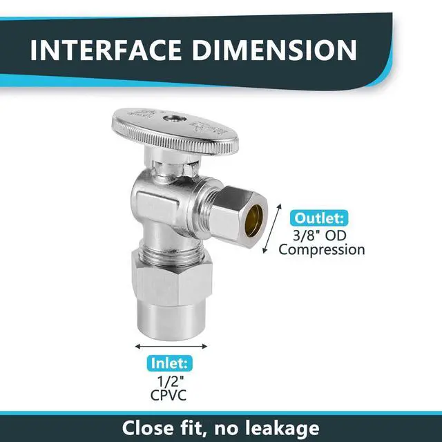 Alt view image 2 of 6 - (Pack of 30) CPVC 1/4 Turn Angle Stop Valve, 1/2" CPVC Pipe x 3/8" OD Compression, Chrome Plated Brass(VALVE070-30Pack)