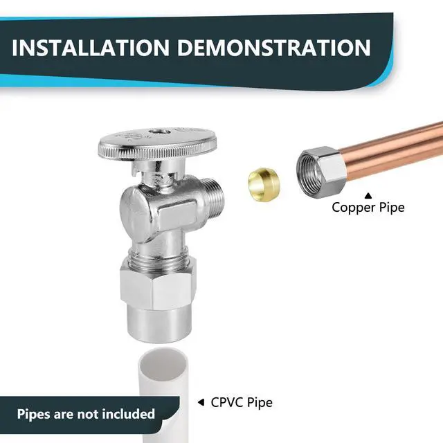 Alt view image 4 of 6 - (Pack of 30) CPVC 1/4 Turn Angle Stop Valve, 1/2" CPVC Pipe x 3/8" OD Compression, Chrome Plated Brass(VALVE070-30Pack)