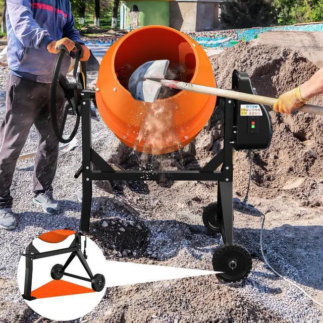 Alt view image 3 of 6 - Electric Cement Mixer, 5.3 Cu.Ft. 750W 1HP Portable Concrete Mixer Machine with Wheels & Stand Steel for Stucco, Mortar, Feed Mixing, Ideal for Construction & Farm Use, Orange