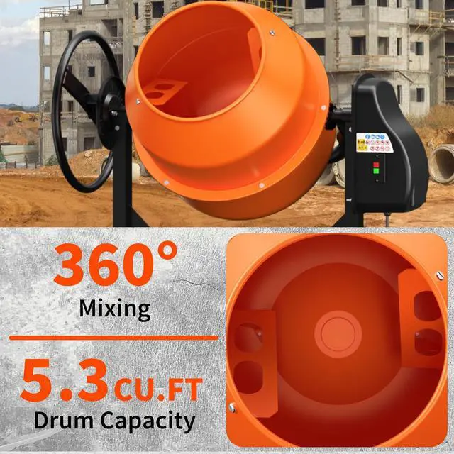 Alt view image 4 of 6 - Electric Cement Mixer, 5.3 Cu.Ft. 750W 1HP Portable Concrete Mixer Machine with Wheels & Stand Steel for Stucco, Mortar, Feed Mixing, Ideal for Construction & Farm Use, Orange