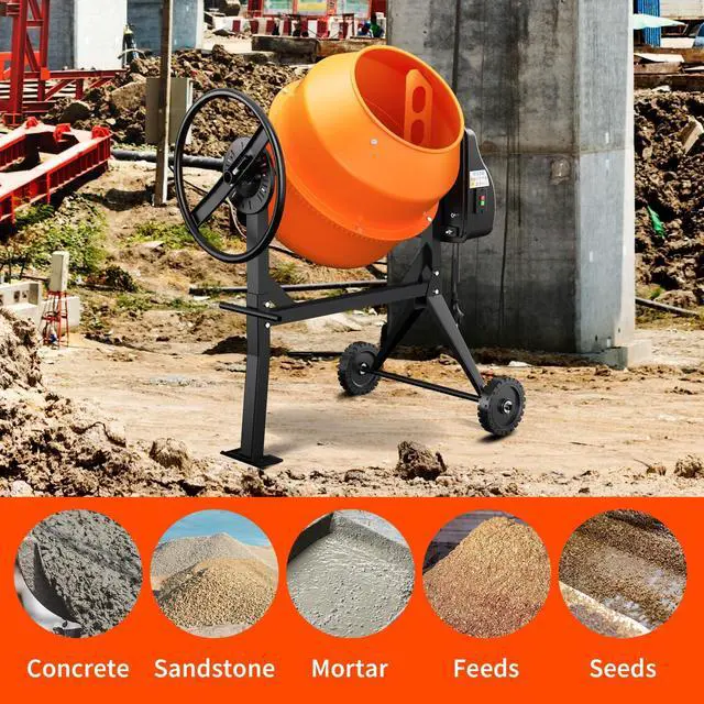 Alt view image 5 of 6 - Electric Cement Mixer, 5.3 Cu.Ft. 750W 1HP Portable Concrete Mixer Machine with Wheels & Stand Steel for Stucco, Mortar, Feed Mixing, Ideal for Construction & Farm Use, Orange