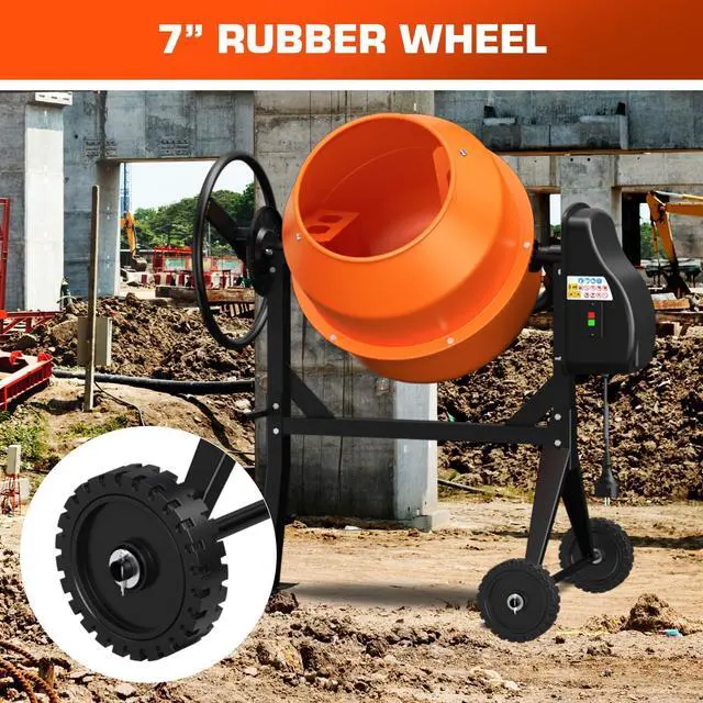 Alt view image 6 of 6 - Electric Cement Mixer, 5.3 Cu.Ft. 750W 1HP Portable Concrete Mixer Machine with Wheels & Stand Steel for Stucco, Mortar, Feed Mixing, Ideal for Construction & Farm Use, Orange