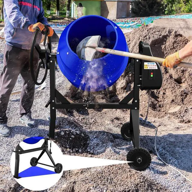 Alt view image 3 of 6 - Electric Cement Mixer, 5.3 Cu.Ft. 750W 1HP Portable Concrete Mixer Machine with Wheels & Stand Steel for Stucco, Mortar, Feed Mixing, Ideal for Construction & Farm Use, Blue