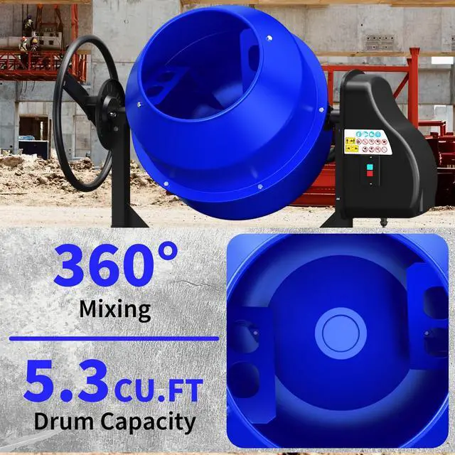 Alt view image 4 of 6 - Electric Cement Mixer, 5.3 Cu.Ft. 750W 1HP Portable Concrete Mixer Machine with Wheels & Stand Steel for Stucco, Mortar, Feed Mixing, Ideal for Construction & Farm Use, Blue