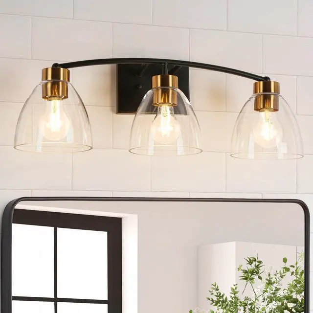 Main image of Bathroom Light Fixtures, 3-Light Black and Plating Brass Vanity Lights for Bathroom, 22.8 Modern Farmhouse Bathroom Lighting Lights Over Mirror with Clear Glass Shade