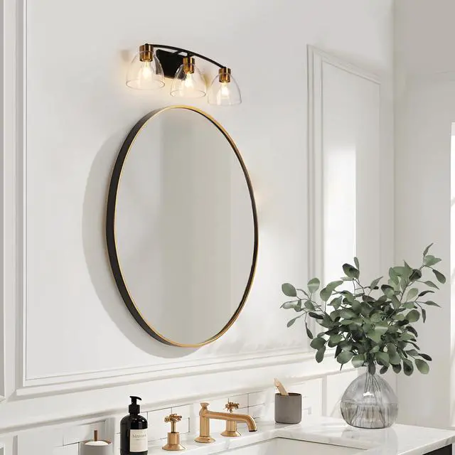 Alt view image 2 of 6 - Bathroom Light Fixtures, 3-Light Black and Plating Brass Vanity Lights for Bathroom, 22.8 Modern Farmhouse Bathroom Lighting Lights Over Mirror with Clear Glass Shade