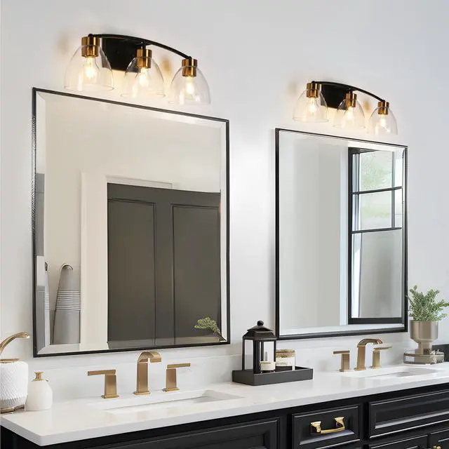 Alt view image 3 of 6 - Bathroom Light Fixtures, 3-Light Black and Plating Brass Vanity Lights for Bathroom, 22.8 Modern Farmhouse Bathroom Lighting Lights Over Mirror with Clear Glass Shade