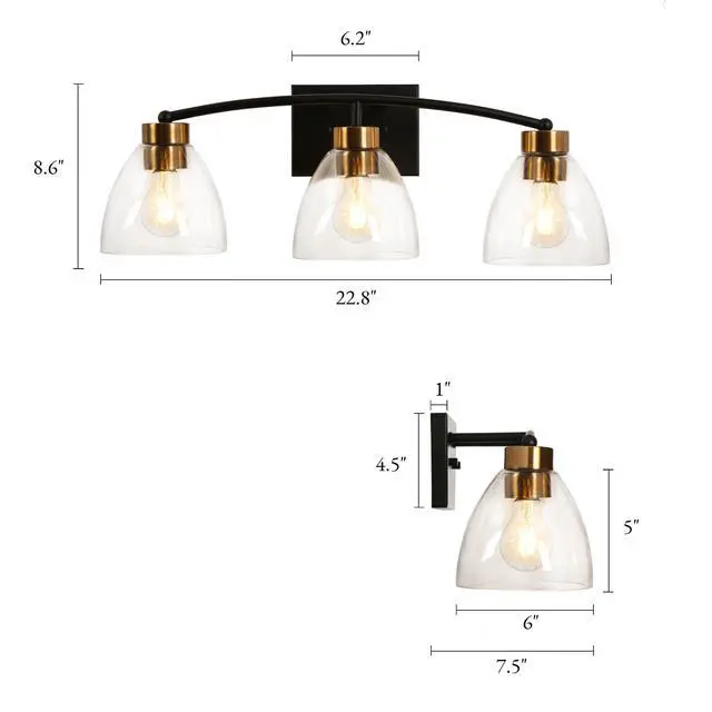 Alt view image 4 of 6 - Bathroom Light Fixtures, 3-Light Black and Plating Brass Vanity Lights for Bathroom, 22.8 Modern Farmhouse Bathroom Lighting Lights Over Mirror with Clear Glass Shade