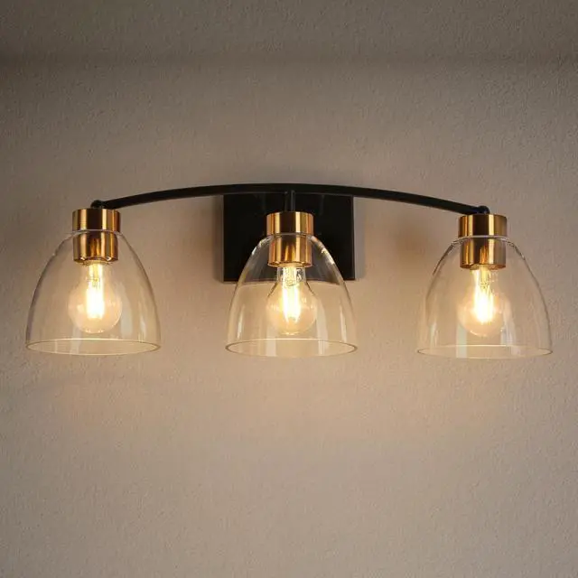 Alt view image 5 of 6 - Bathroom Light Fixtures, 3-Light Black and Plating Brass Vanity Lights for Bathroom, 22.8 Modern Farmhouse Bathroom Lighting Lights Over Mirror with Clear Glass Shade