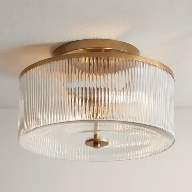 Main image of McKenzie 14" Mid Century Modern 2-Light Semi Flush-Mount Ceiling Light Fixture Kitchen Foyer Hallway Drum Round Warm Brass Finish Ribbed Glass Metal Bedroom Bathroom Entryway