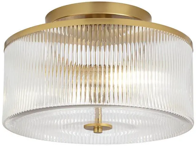 Alt view image 2 of 6 - McKenzie 14" Mid Century Modern 2-Light Semi Flush-Mount Ceiling Light Fixture Kitchen Foyer Hallway Drum Round Warm Brass Finish Ribbed Glass Metal Bedroom Bathroom Entryway