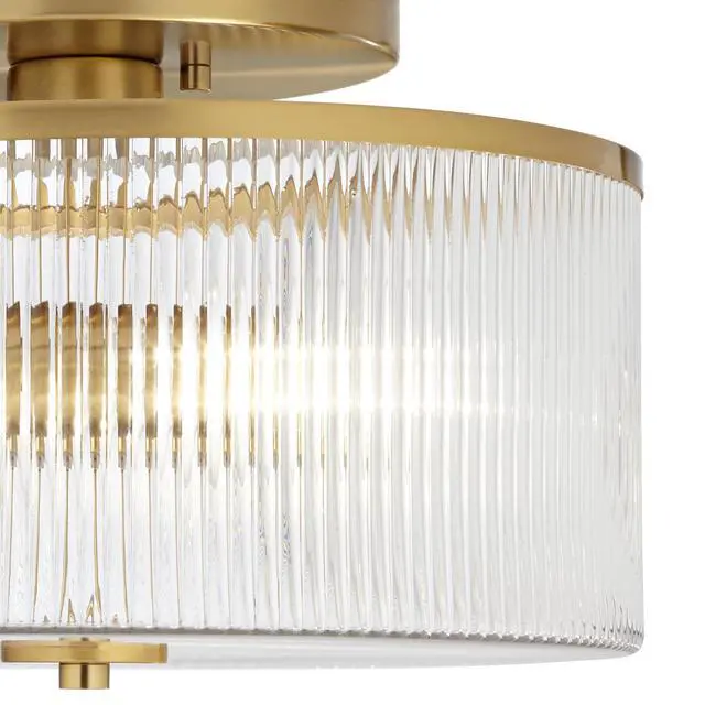 Alt view image 3 of 6 - McKenzie 14" Mid Century Modern 2-Light Semi Flush-Mount Ceiling Light Fixture Kitchen Foyer Hallway Drum Round Warm Brass Finish Ribbed Glass Metal Bedroom Bathroom Entryway