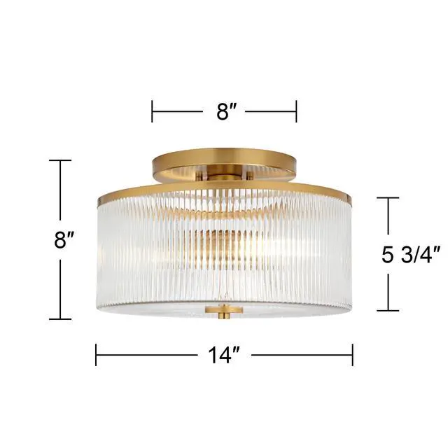 Alt view image 4 of 6 - McKenzie 14" Mid Century Modern 2-Light Semi Flush-Mount Ceiling Light Fixture Kitchen Foyer Hallway Drum Round Warm Brass Finish Ribbed Glass Metal Bedroom Bathroom Entryway
