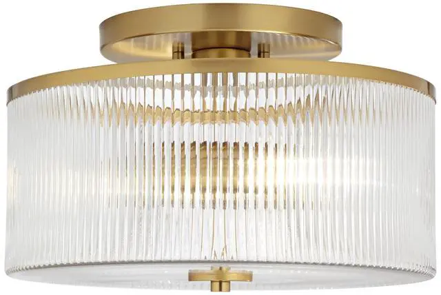 Alt view image 5 of 6 - McKenzie 14" Mid Century Modern 2-Light Semi Flush-Mount Ceiling Light Fixture Kitchen Foyer Hallway Drum Round Warm Brass Finish Ribbed Glass Metal Bedroom Bathroom Entryway