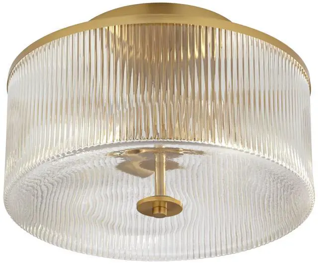Alt view image 6 of 6 - McKenzie 14" Mid Century Modern 2-Light Semi Flush-Mount Ceiling Light Fixture Kitchen Foyer Hallway Drum Round Warm Brass Finish Ribbed Glass Metal Bedroom Bathroom Entryway