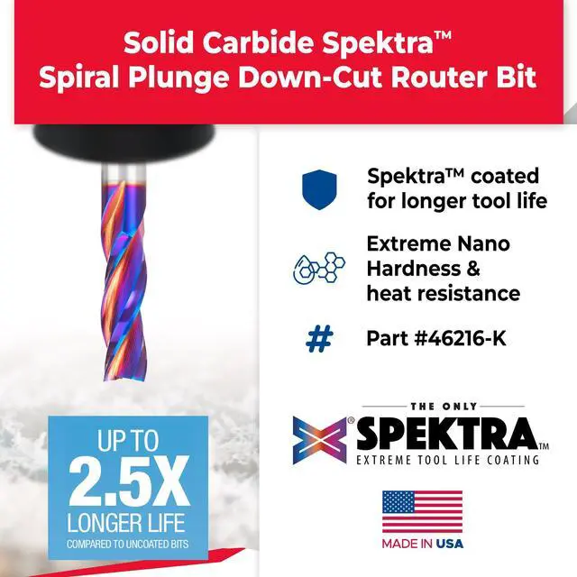 Alt view image 2 of 6 - Spektra Extreme Tool Life Solid Carbide CNC Down-Cut Spiral Plunge Router Bit, 46216-K, 1/2 D x 1-1/2 CH x 1/2 SHK x 3-1/2 Inch Long 3-Flute