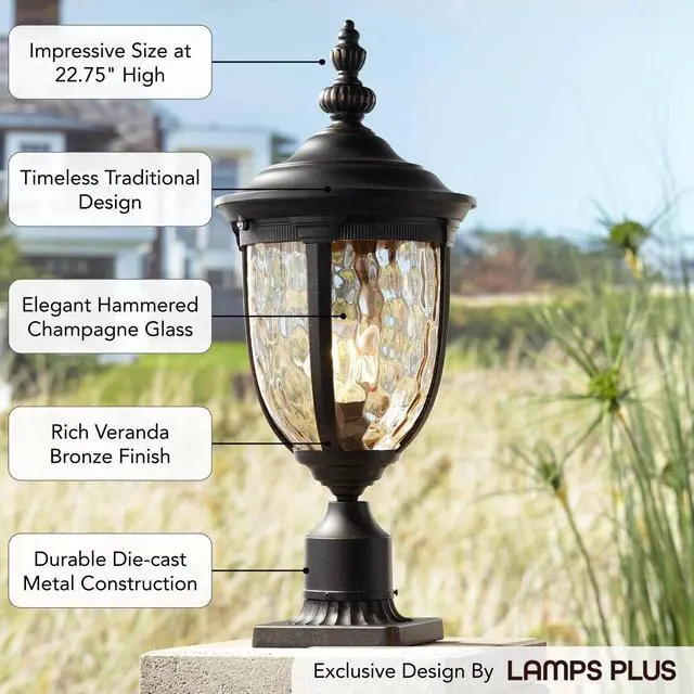 Alt view image 3 of 6 - Bellagio European Outdoor Post Light Fixture with Pier Mount Bronze 25 inch Tall Glass for Exterior House Porch Patio Outside Deck Garage Yard Garden Driveway Home Lawn Walkway