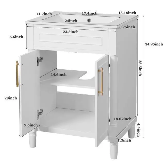 Alt view image 2 of 6 - 24 Inch White Bathroom Vanity with Sink,Vintage Bathroom Vanity with Adjustable Shelf & Storage Cabinet,2 Soft Closing Doors with Gold Handles,Solid Pine Wood Frame(11K)