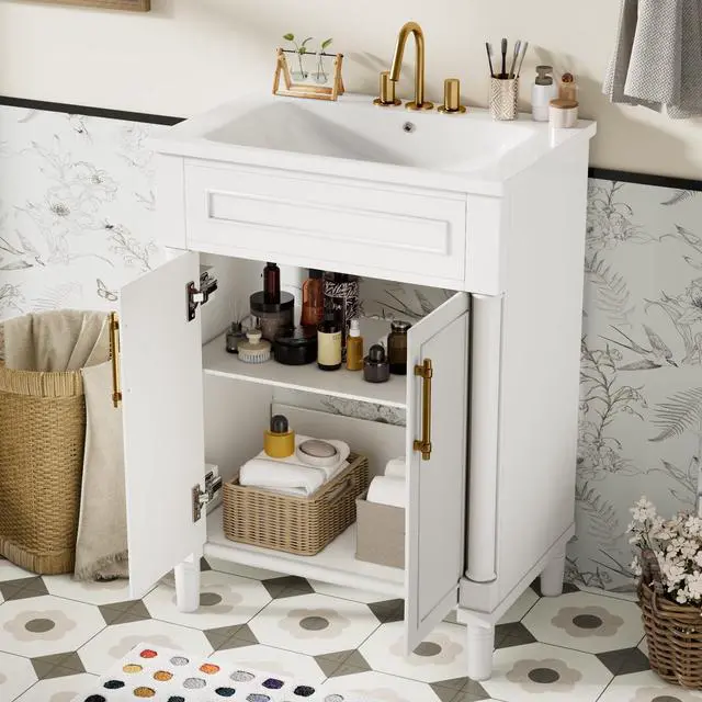 Alt view image 3 of 6 - 24 Inch White Bathroom Vanity with Sink,Vintage Bathroom Vanity with Adjustable Shelf & Storage Cabinet,2 Soft Closing Doors with Gold Handles,Solid Pine Wood Frame(11K)